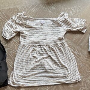 Maternity Striped Cream and Tan Ruched Top
